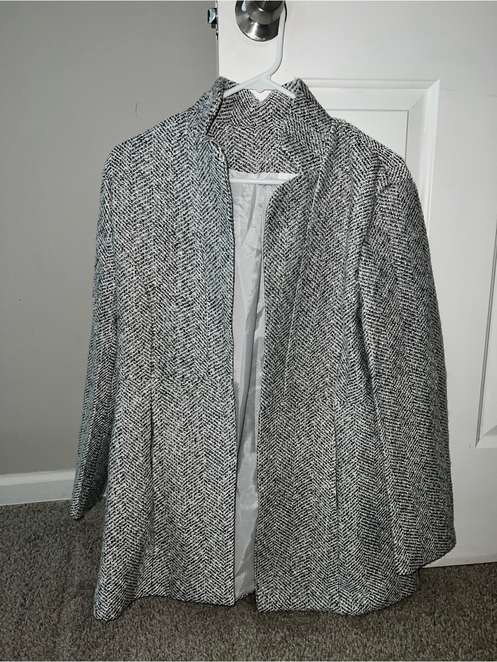 Womens Gray Herringbone Open Front Coat